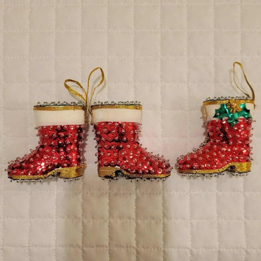 VTG Handmade Sequin Beaded Holly Santa Boot Christmas Tree Ornament Holiday Cute